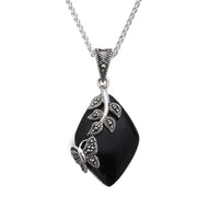 Silver Whitby Jet Marcasite Butterfly Leaf Necklace P2131