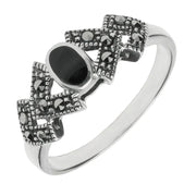 Sterling Silver Whitby Jet Marcasite Oval Triangle Ring. R748.