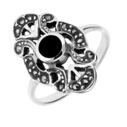 Sterling Silver Whitby Jet Marcasite Round Centred Long Dress Ring. R458.