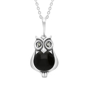 Sterling Silver Whitby Jet Marcasite Small Owl Necklace