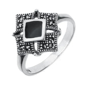 Sterling Silver Whitby Jet Marcasite Square Centre Beaded Edge Ring R751