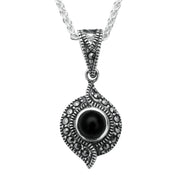 Silver Whitby Jet Marcasite Twisted Round Pendant Necklace P2137