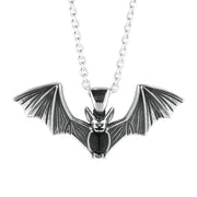 Sterling Silver Whitby Jet Gothic Oval Belly Bat Necklace. P1976.