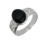 Sterling Silver Whitby Jet Oval Celtic Wide Band Ring. R830.