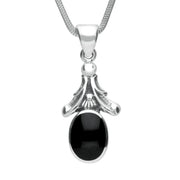 Sterling Silver Whitby Jet Heritage Oval Leaf Drop Necklace. P142.
