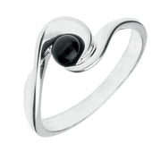 Silver Whitby Jet Round Centre Stone Wave Ring R876