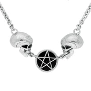 Silver Whitby Jet Skulls Pentagram In Circle Necklace N1131