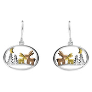 Silver Yellow and Rose Gold Reindeer and Trees Hook Earrings E2366