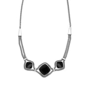 00119293 C W Sellors Sterling Silver Whitby Jet Foxtail Three Stone Cushion Necklace, N963.