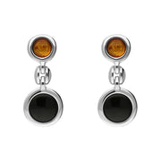 Sterling Silver Baltic Amber Whitby Jet Graduated Drop Earrings. E1564