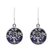 Sterling Silver Blue Goldstone Round Large Tree of Life Leaves Drop Earrings, E2427