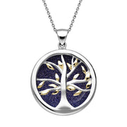 Sterling Silver Gold Plate Blue Goldstone Medium Round Tree of Life Necklace, P3441.