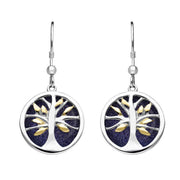 Sterling Silver Gold Plate Blue Goldstone Round Tree of Life Drop Earrings, E2485.