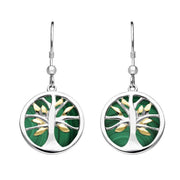 Sterling Silver Gold Plate Malachite Round Tree of Life Drop Earrings, E2485.