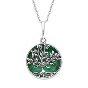 Sterling Silver Malachite Small Round Large Leaves Tree of Life Necklace, P3340.