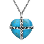 Sterling Silver Turquoise Marcasite Medium Cross Heart Necklace, P2158.