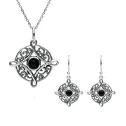 Sterling Silver Whitby Jet Four Point Heart Two Piece Set, S088.