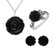 Sterling Silver Whitby Jet Tuberose Carved Rose Three Piece Set, S177