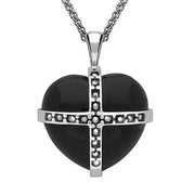 Sterling Silver Whitby Jet Marcasite Large Cross Heart Necklace, P2260.