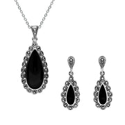 Sterling Silver Whitby Jet Marcasite Pear Two Piece Set
