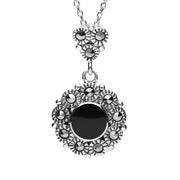 Sterling Silver Whitby Jet Marcasite Round Bead Edge Two Piece Set, S153