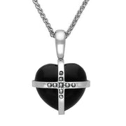 Sterling Silver Whitby Jet Marcasite Small Cross Heart Necklace, P2162.