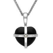 Sterling Silver Whitby Jet One Pearl Medium Cross Heart Necklace. P2160.