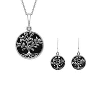 Sterling Silver Whitby Jet Round Large Leaves Tree of Life Two Piece Set, S062.