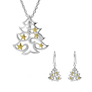 Sterling Silver Yellow Gold Christmas Tree with Stars Two Piece Set