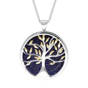 Sterling Silver Yellow Gold Plated Blue Goldstone Large Round Tree of Life Necklace, P3418.