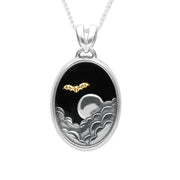 Sterling Silver 9ct Yellow Gold Whitby Jet Oval Moon Bat Necklace. P1777C
