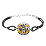 Sterling Silver Amber Cord Round Large Leaves Tree of Life Bracelet B1141