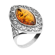 Sterling Silver Amber Marquise Cut Patterned Edge Ring, R990.