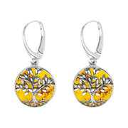Sterling Silver Amber Round Large Tree of Life Leaves Drop Earrings E2427