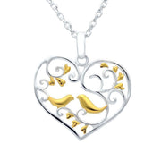 Sterling Silver Yellow Gold Bird and Vine Open Heart Necklace, P3207C.