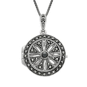 Sterling Silver Hematite Marcasite Arc Deco Circles Locket Necklace P2145