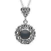 Sterling Silver Hematite Marcasite Round Beaded Drop Necklace P2342