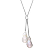 Sterling Silver Peach and White Baroque Pearl Two Stone Drop Necklace, N462.