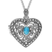 Sterling Silver Turquoise Marcasite Heart Locket Necklace P2151