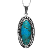 Sterling Silver Turquoise Marcasite Long Oval Bead Edge Necklace, P2116.