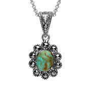 Sterling Silver Turquoise Marcasite Oval Scalloped Edge Necklace,  P2343.