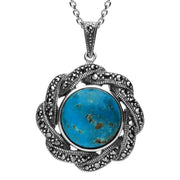 Sterling Silver Turquoise Marcasite Ribbon Edge Necklace, P2135.