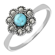 Sterling Silver Turquoise Marcasite Round Beaded Edge Ring, R806.