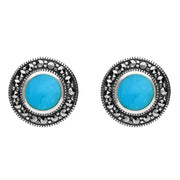 Sterling Silver Turquoise Marcasite Round Beaded Edge Stud Earrings E1633