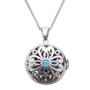 Sterling Silver Turquoise Marcasite Round Floral Locket Necklace. P2150.