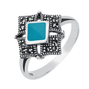 Sterling Silver Turquoise Marcasite Square Ring. R751