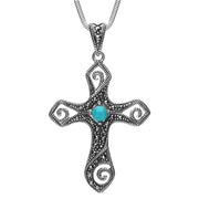 Sterling Silver Turquoise Marcasite Swirl Cross Necklace, P2132.