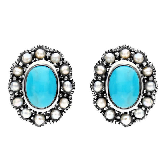 Sterling Silver Turquoise Pearl Oval Beaded Edge Stud Earrings. E1632.