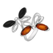 Sterling Silver Whitby Jet Amber Double Dragonfly Ring R1172
