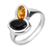 Sterling Silver Whitby Jet Amber Double Marquise Ring. R861.